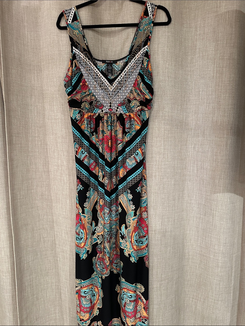 Black Paisley Maxi Dress with Turquoise & Coral Accents